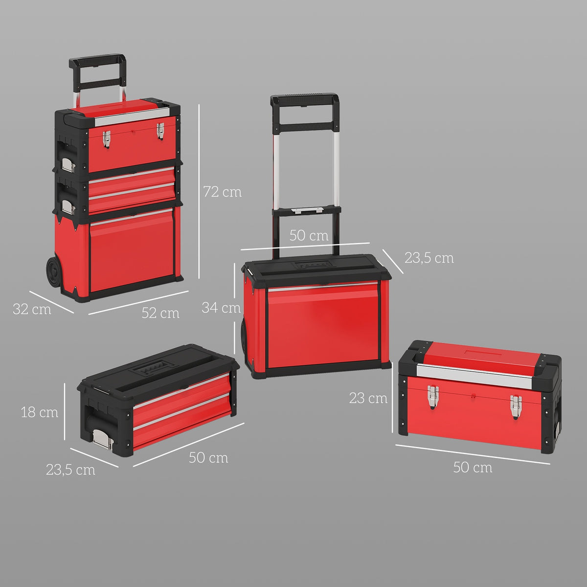 3-tier toolbox set, with wheels, interlocking, steel, plastic