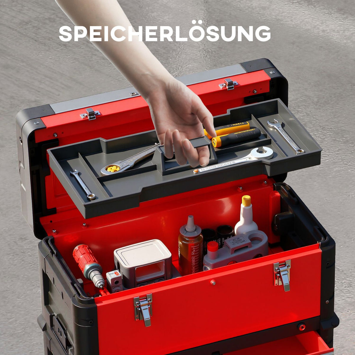 3-tier toolbox set, with wheels, interlocking, steel, plastic