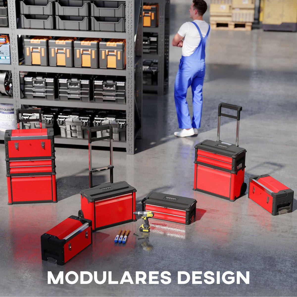3-tier toolbox set, with wheels, interlocking, steel, plastic