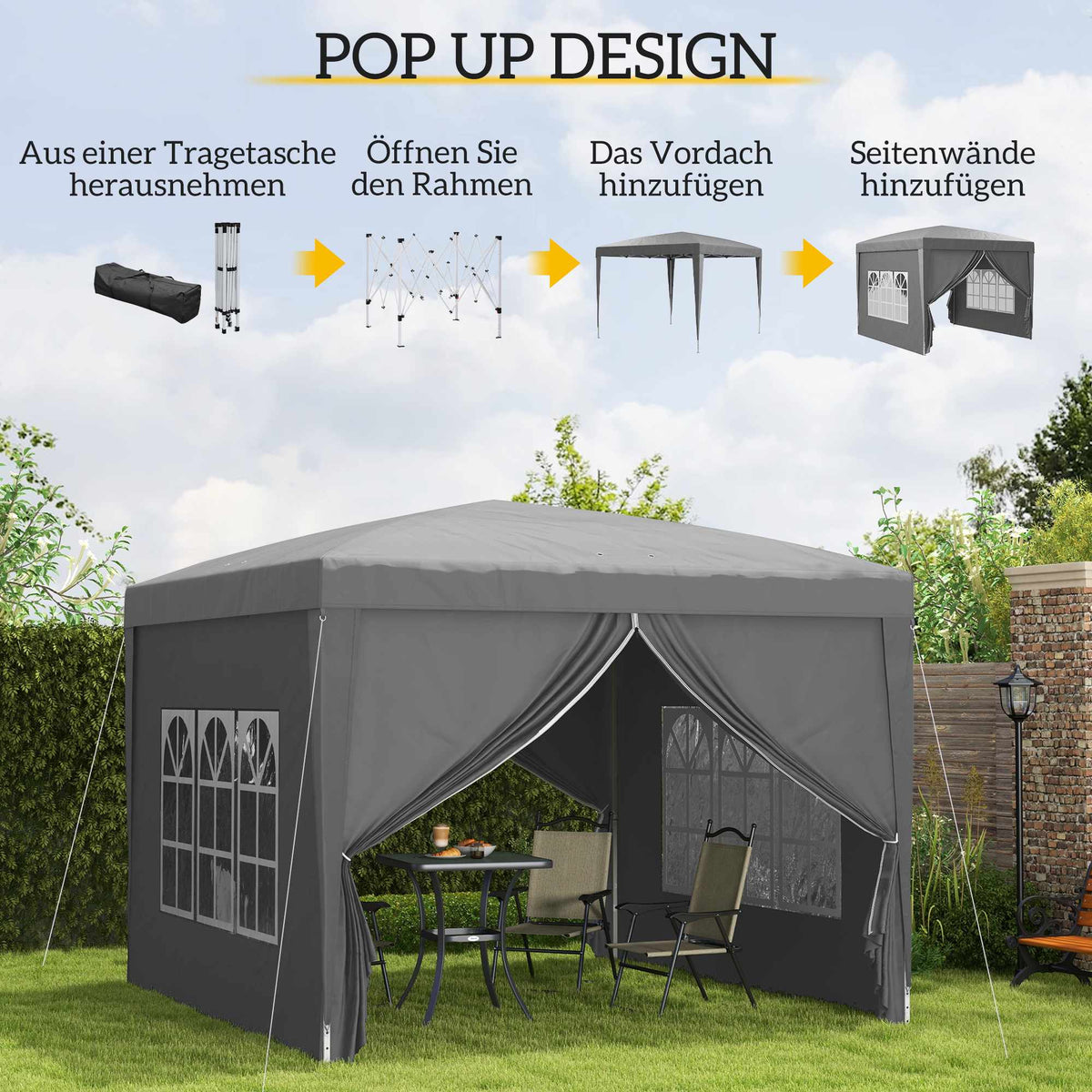 3 x 3 m Pavilion with 4 Sidewalls, UV Protection, Gray