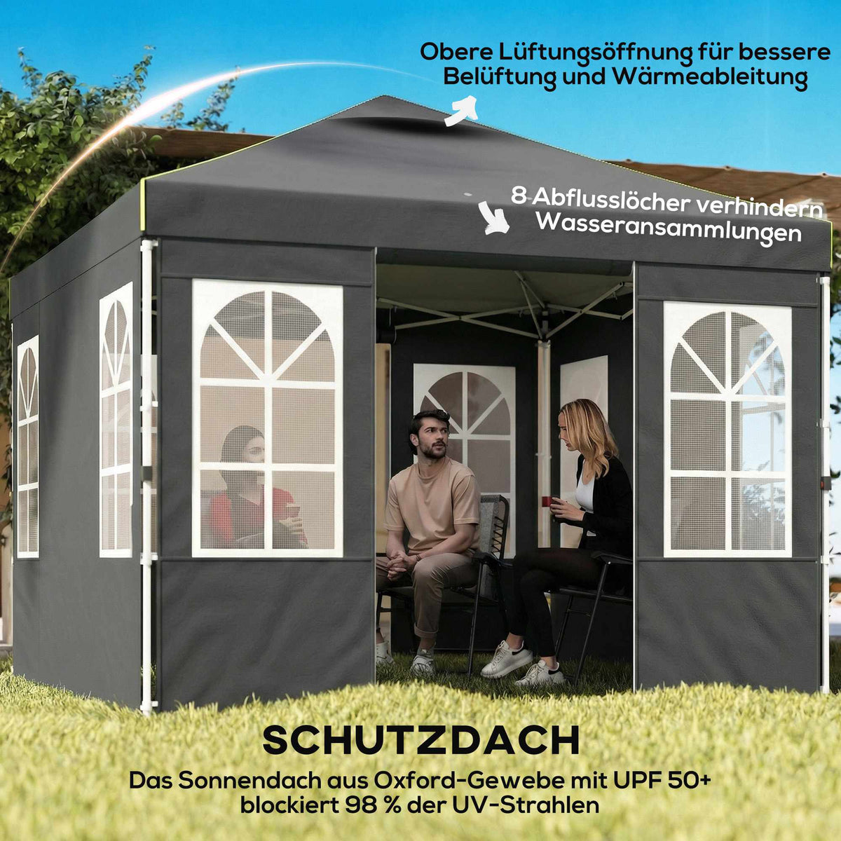 3x3m Pop-Up Pavilion, UPF 50+ Oxford Fabric, Dark Grey