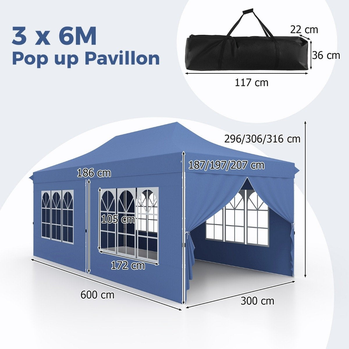 3x6m Pop-Up Canopy Tent with 6 Sidewalls & Sandbags