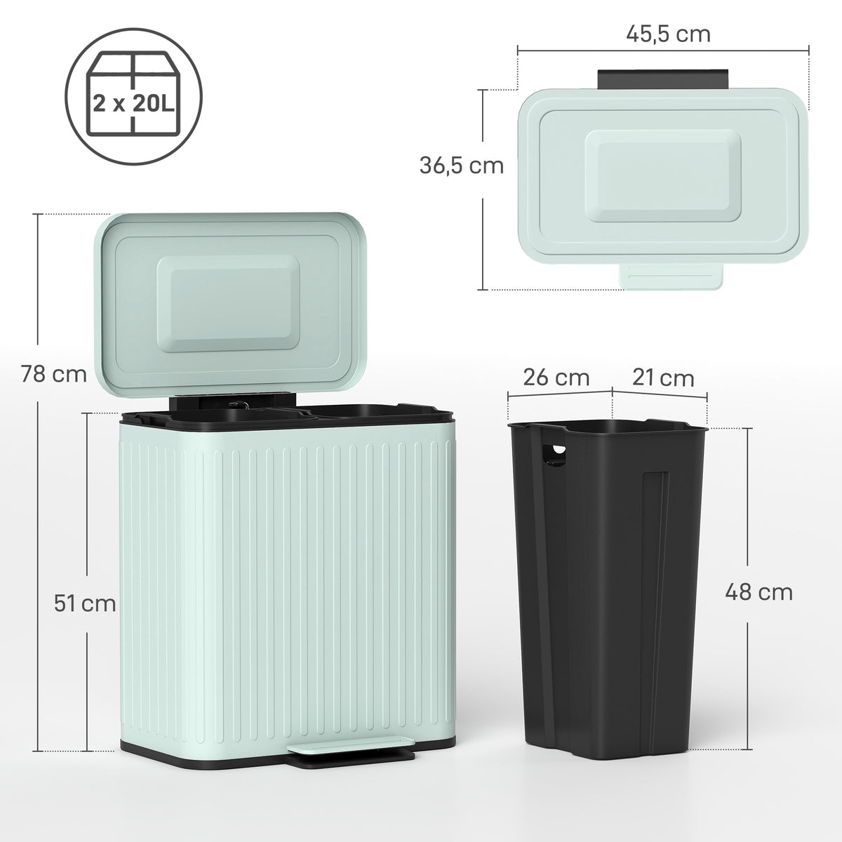 40L Dual Pedal Bin, Metal, 2 x 20L Capacity