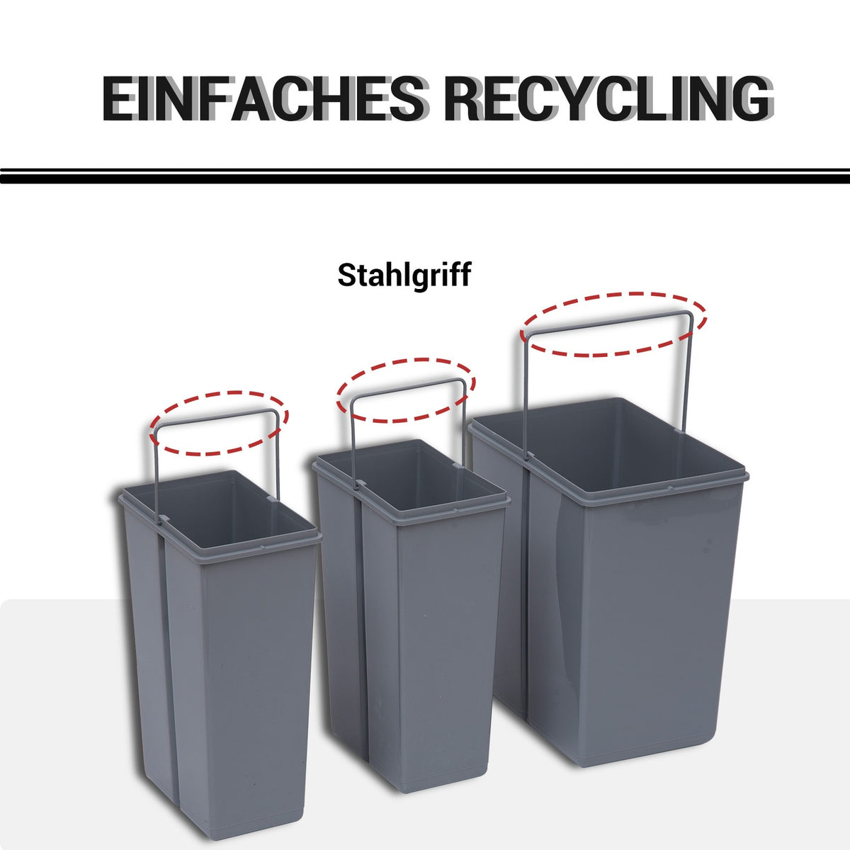 40L built-in waste bin, base cabinet, pull-out waste collector with 3 removable compartments 1 x 20 & 2 x 10 L, for cupboards from 400 mm wide, for kitchen, gray