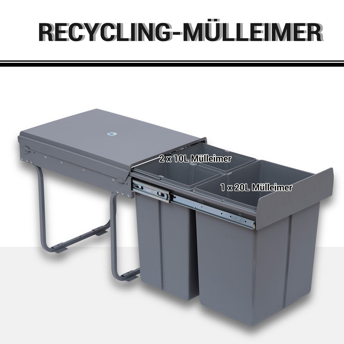40L built-in waste bin, base cabinet, pull-out waste collector with 3 removable compartments 1 x 20 & 2 x 10 L, for cupboards from 400 mm wide, for kitchen, gray