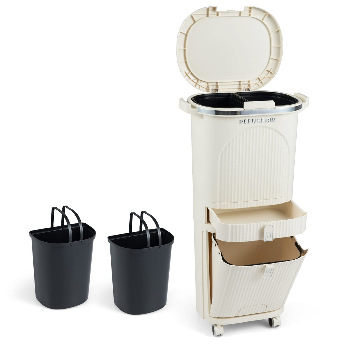 42L Kitchen Trash Bin with Lid, 3 Compartments, Wheels