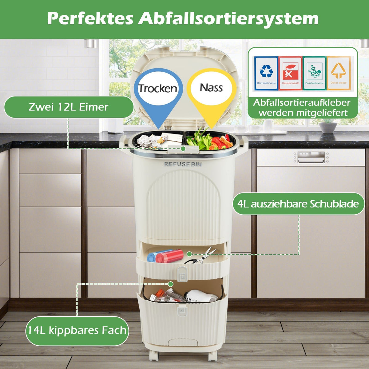42L Kitchen Trash Bin with Lid, 3 Compartments, Wheels