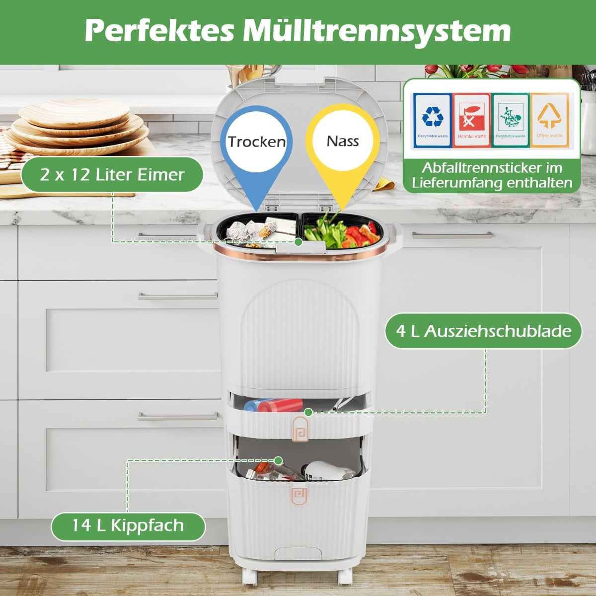 42L Kitchen Trash Can with Lid & 3 Compartments