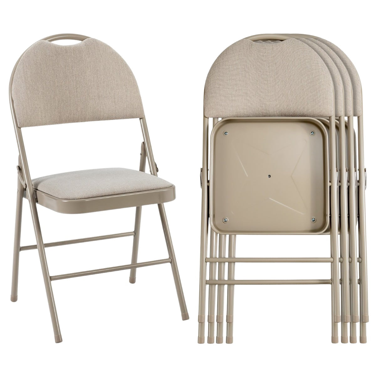4 Beige Folding Chairs, Metal Frame, Padded Seat