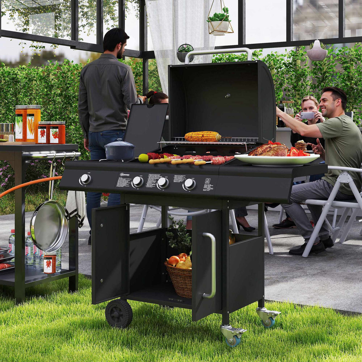 4-Burner Gas Grill with Side Burner, Storage, Black