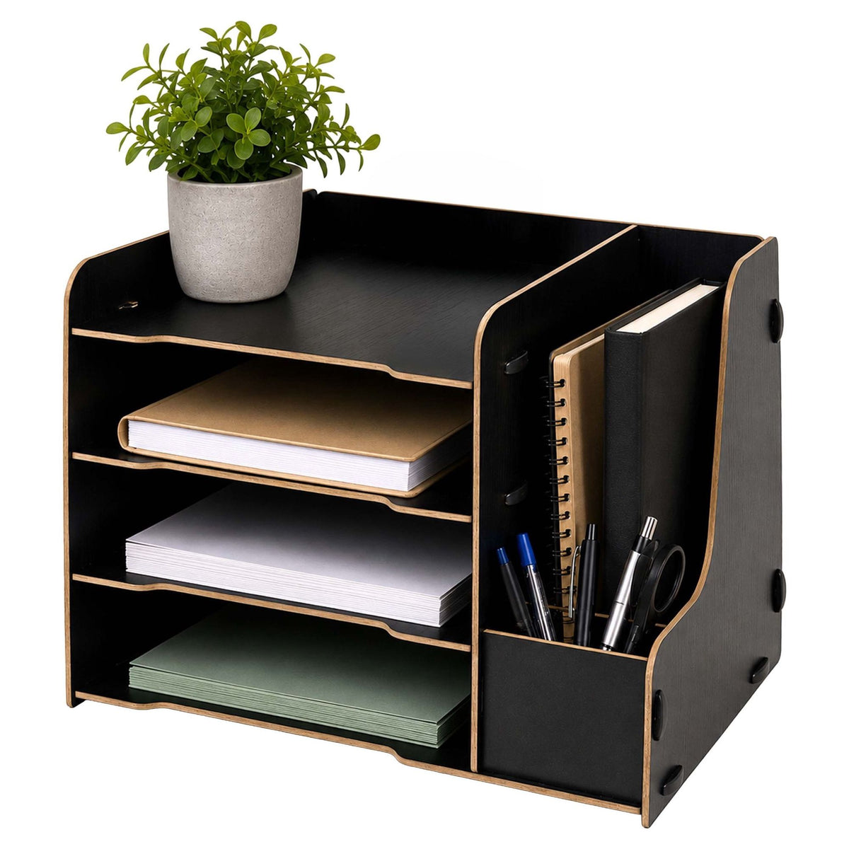 4-Compartment MDF Desk Organiser, Wood-Effect Finish