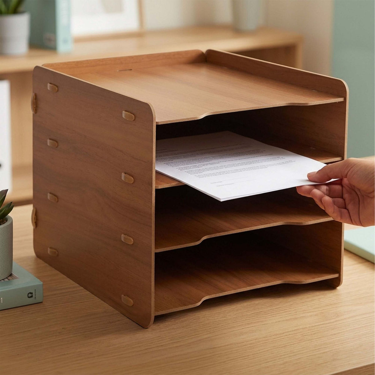 4-Compartment MDF File Tray – Wood-Effect, Black