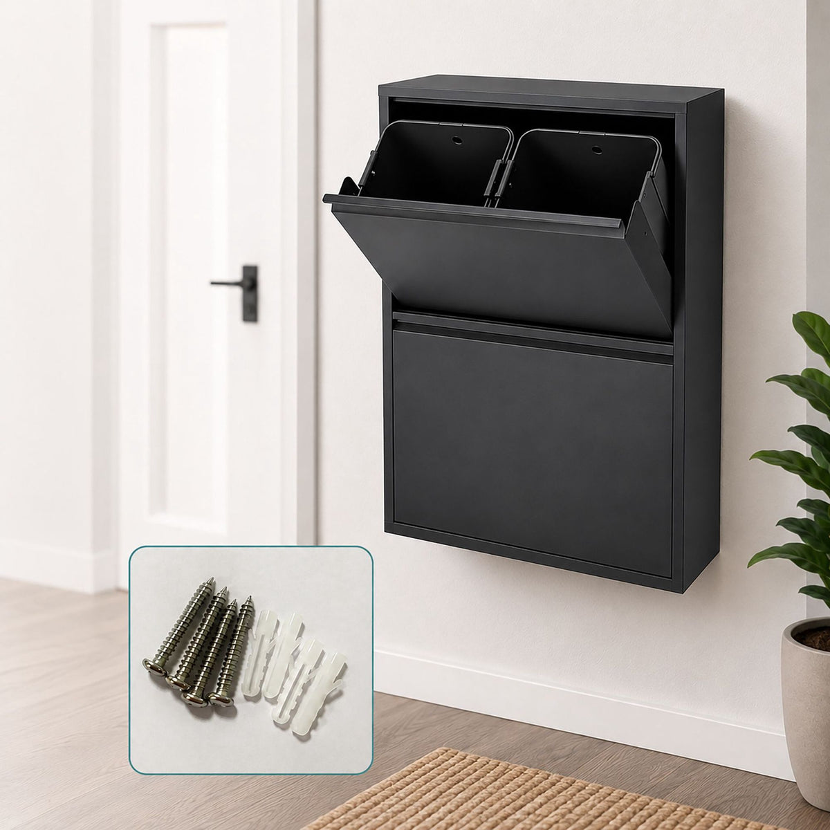 4-Compartment Waste Bin, 4x18L, Black Steel