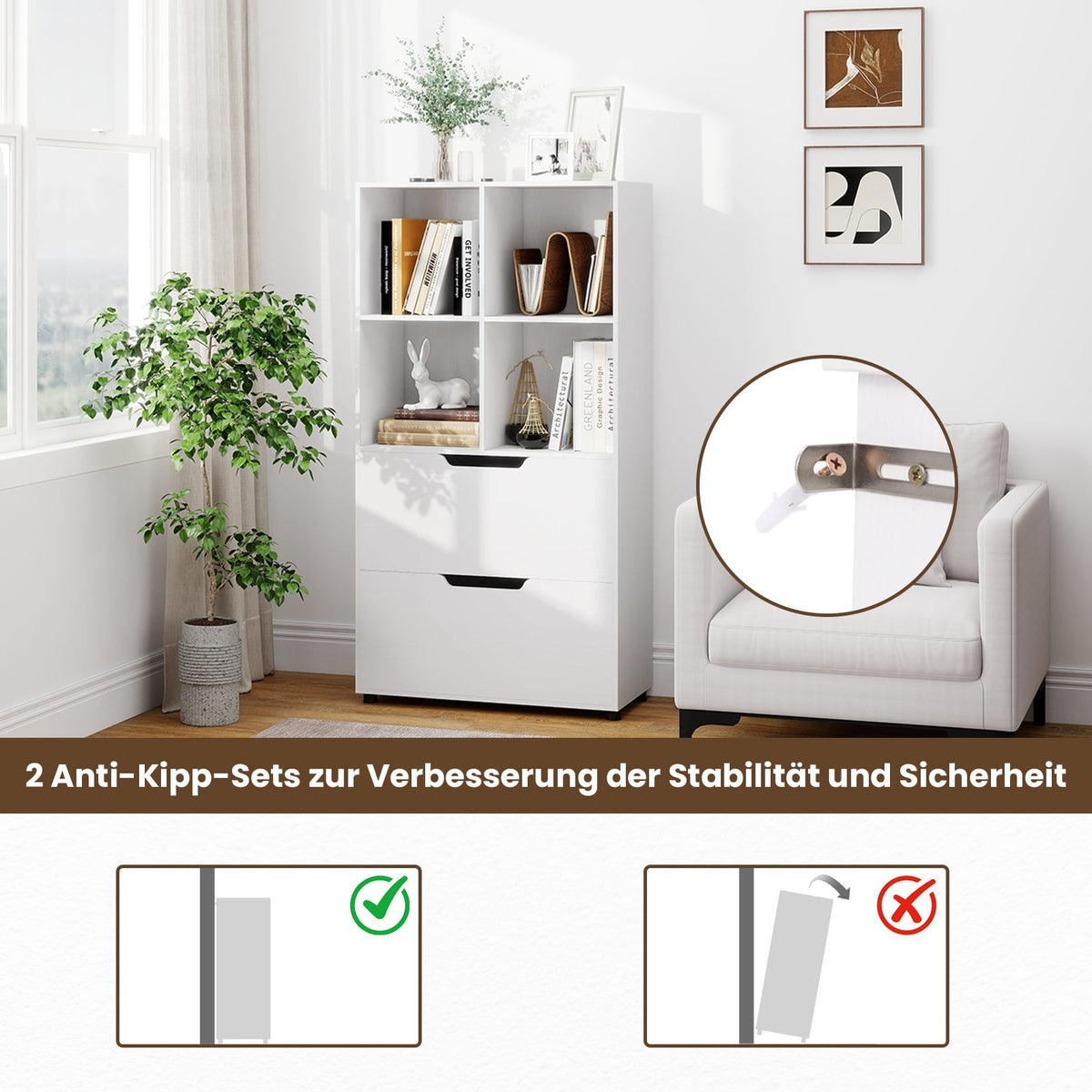 4-Cube Bookshelf with 2 Drawers, 130 cm, White