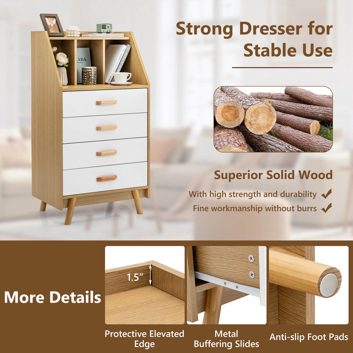 4-Drawer Dresser, Solid Wood, Anti-Tip, Open Shelf
