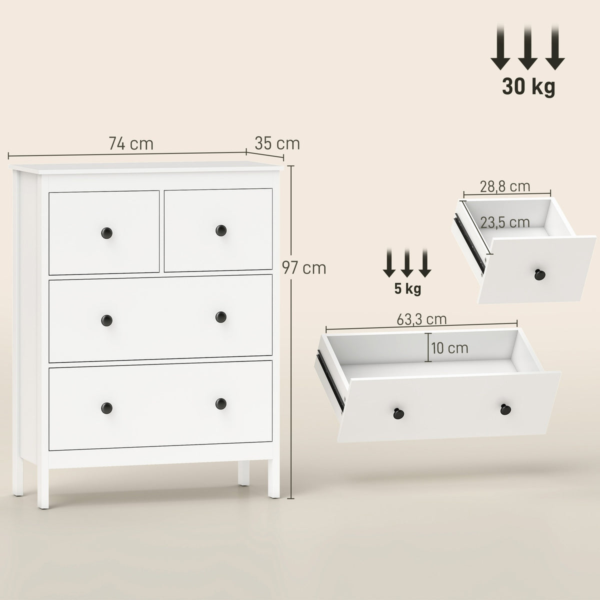 4-Drawer Dresser for Clothes & Linens, White MDF
