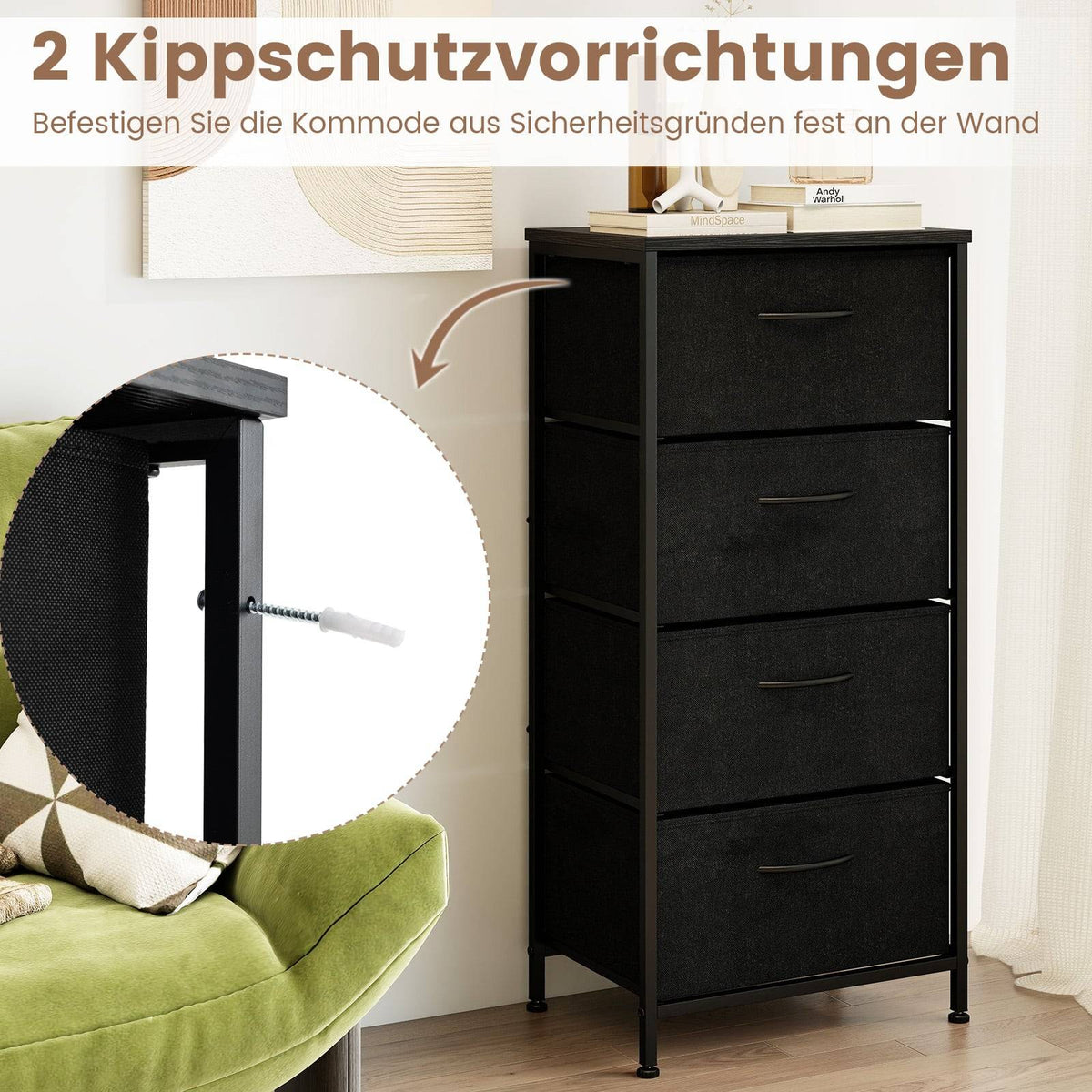 4-Drawer Dresser with Wood Top, Metal Frame, Black