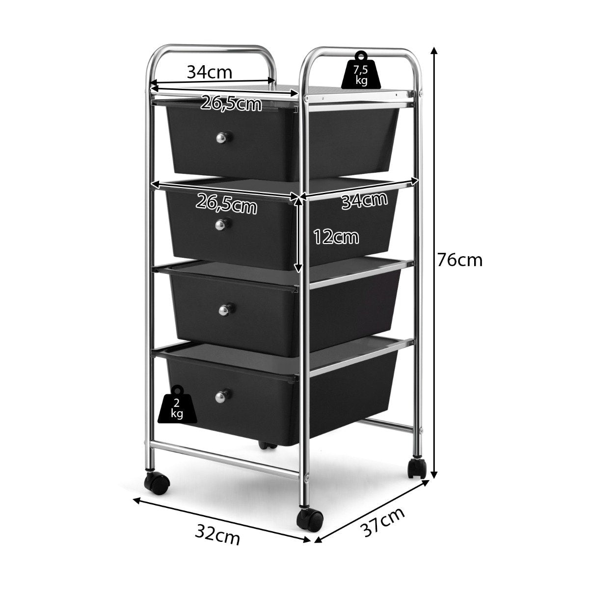 4-Drawer Rolling Storage Cart with Metal Frame, Black