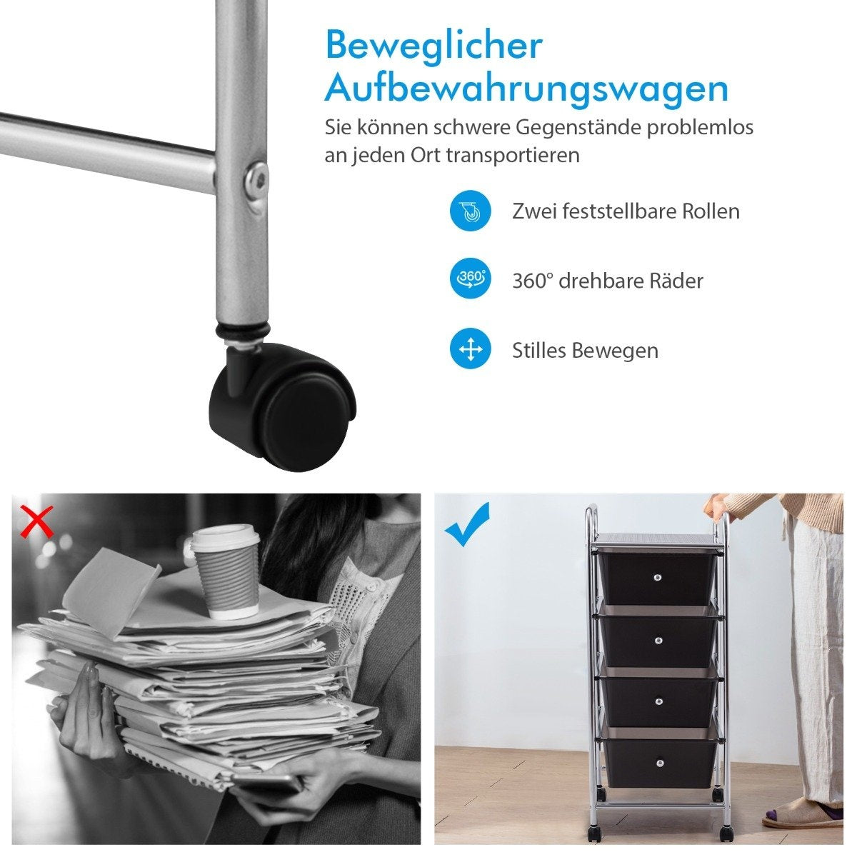 4-Drawer Rolling Storage Cart with Metal Frame, Black