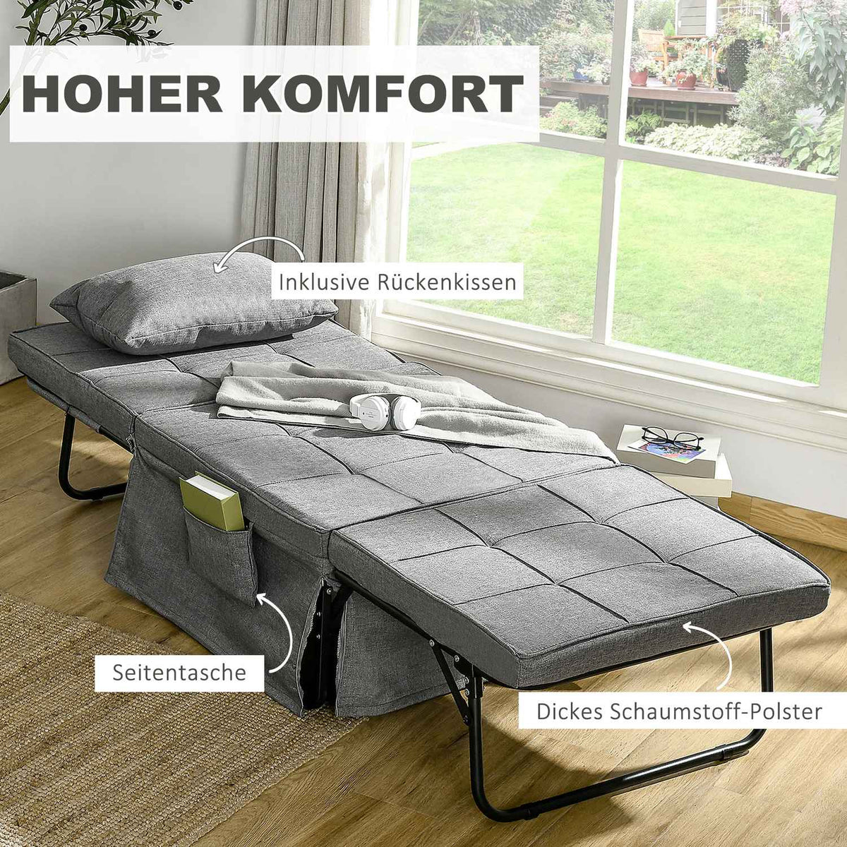 4-In-1 Single Bed Guest Bed Folding Bed Armchair Ottoman, 8 Cm Mattress, 5-Level Height Adjustable, Steel Frame, 188X75X38Cm