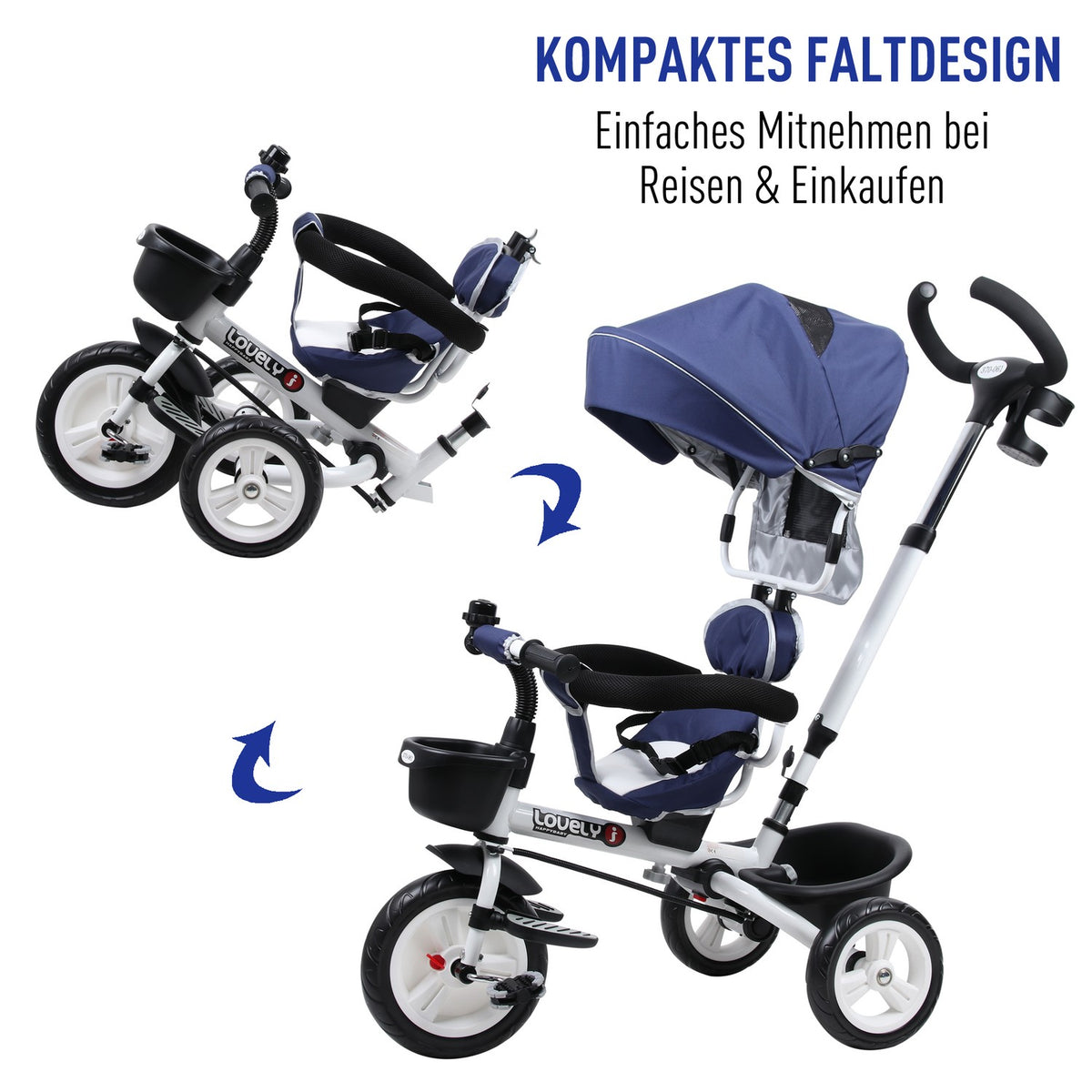 4-In-1 Tricycle Children'S Car Children'S Tricycle Children'S Bicycle With Seat Belt And Sun Canopy Aluminum Metal Plastic Blue