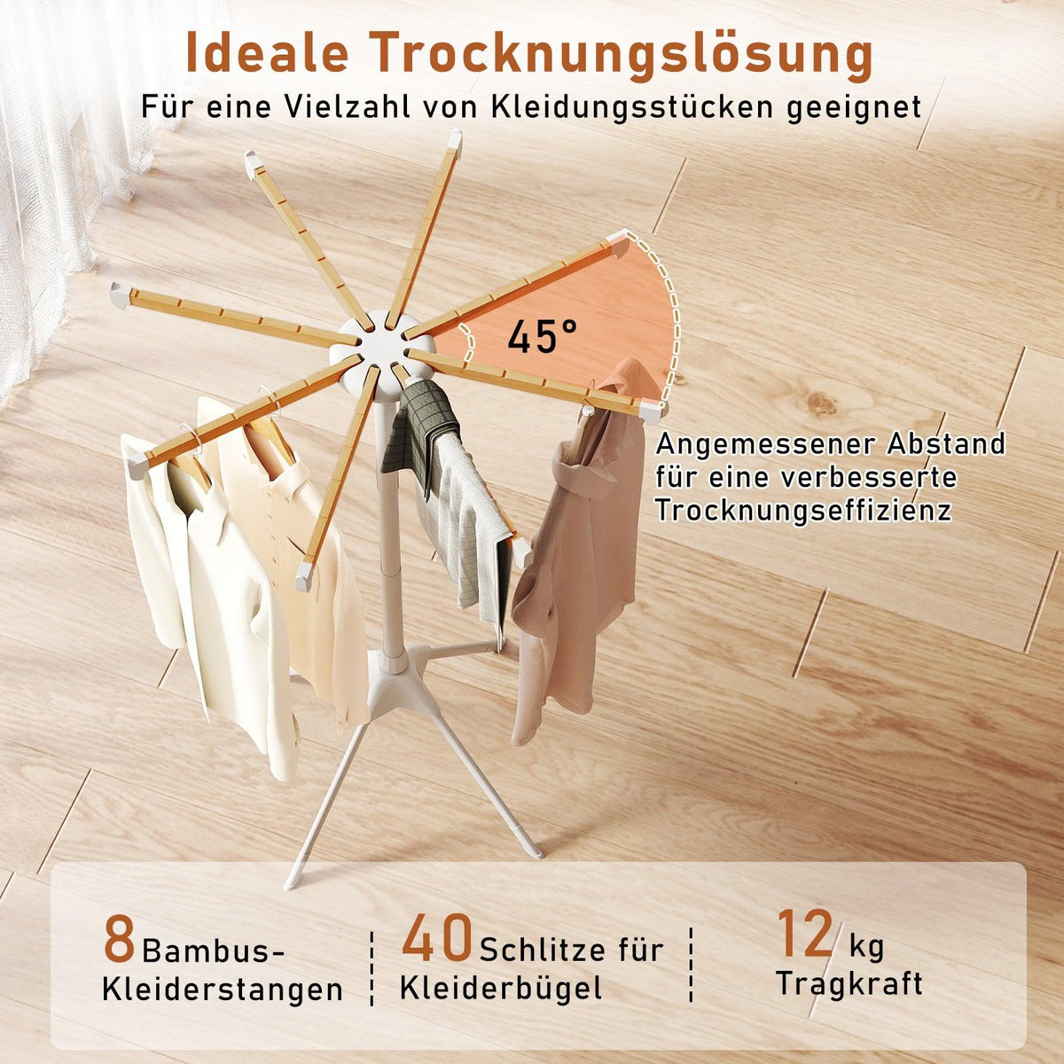 4-Leg Clothes Drying Rack with 8 Bamboo Rods, 40 Slots