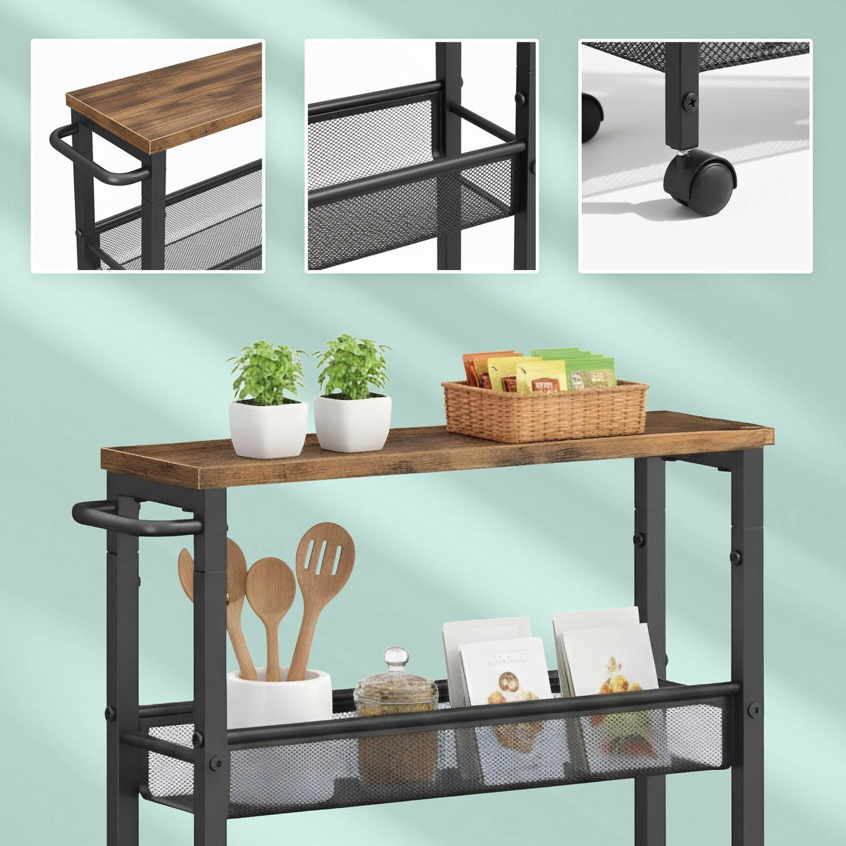 4-Level Kitchen Trolley, Metal & MDF, Mobile Storage