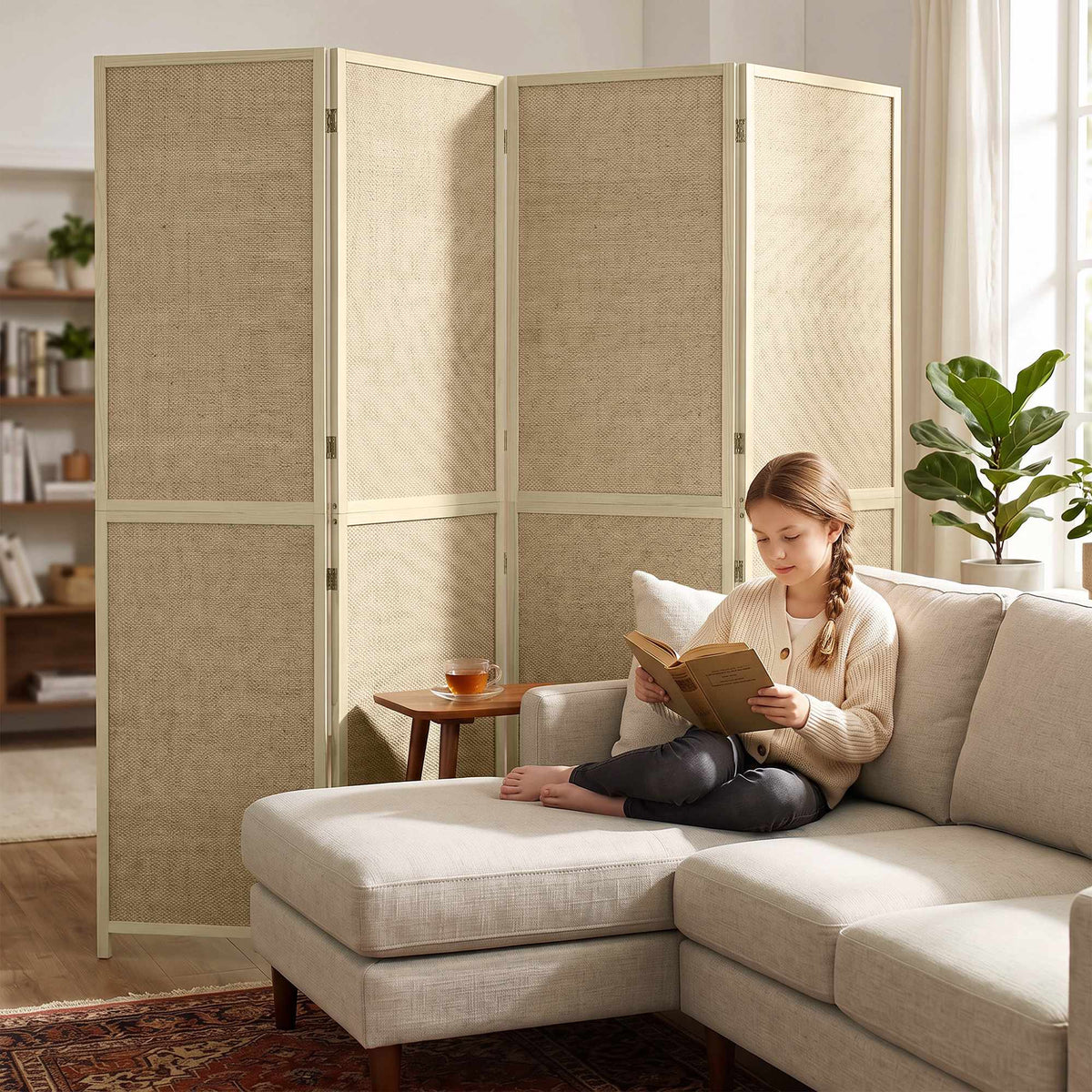 4-Panel Bamboo Room Divider, Handwoven, 180x180 cm, Natural