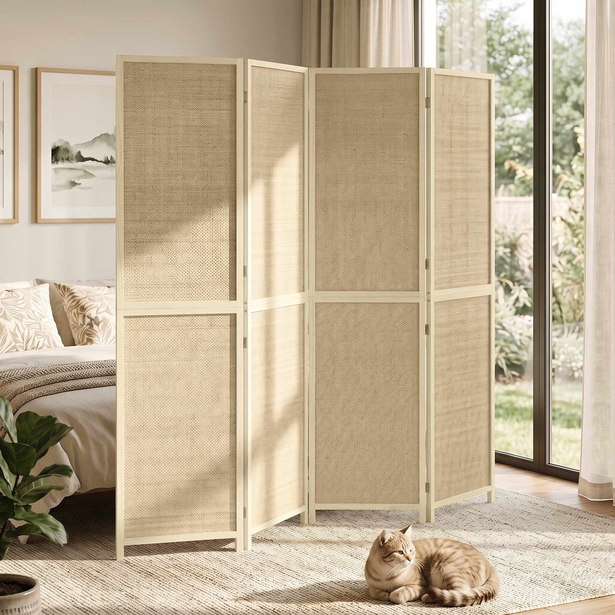 4-Panel Bamboo Room Divider, Handwoven, 180x180 cm, Natural