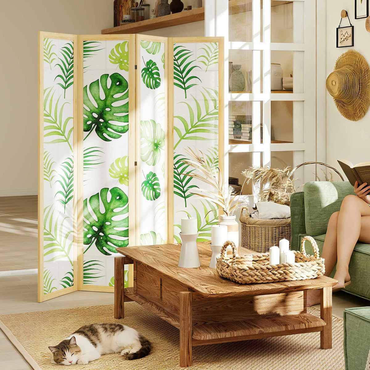 4-Panel Folding Room Divider, Boho Palm Design, Green