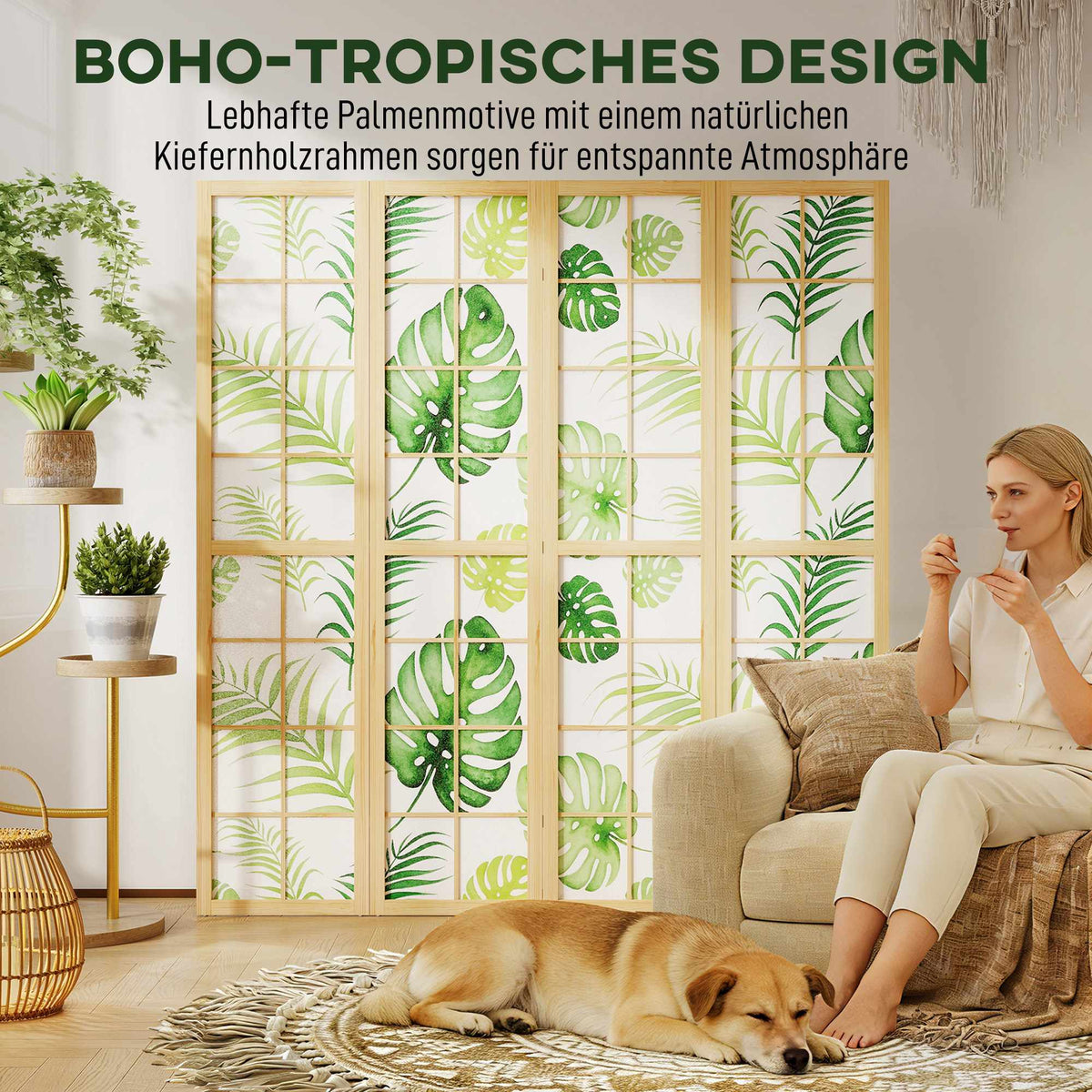 4-Panel Folding Room Divider, Boho Palm Design, Green
