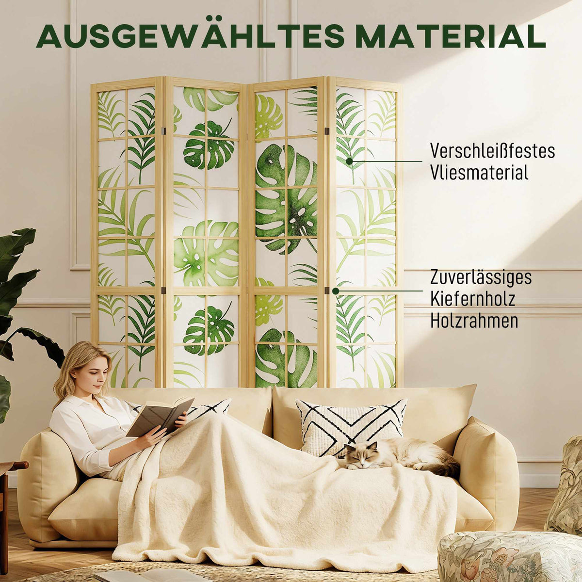 4-Panel Folding Room Divider, Boho Palm Design, Green