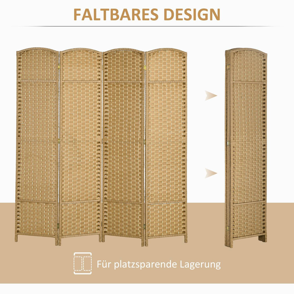 4-Panel Folding Room Divider, Natural Wood, Privacy Screen