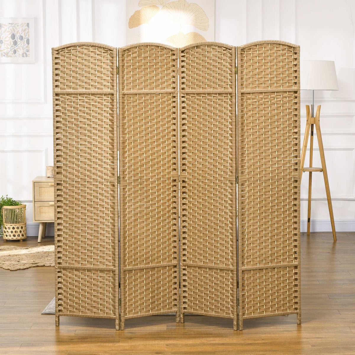 4-Panel Folding Room Divider, Natural Wood, Privacy Screen
