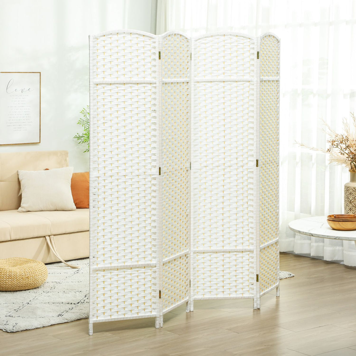 4-Panel Folding Room Divider, White Polypropylene