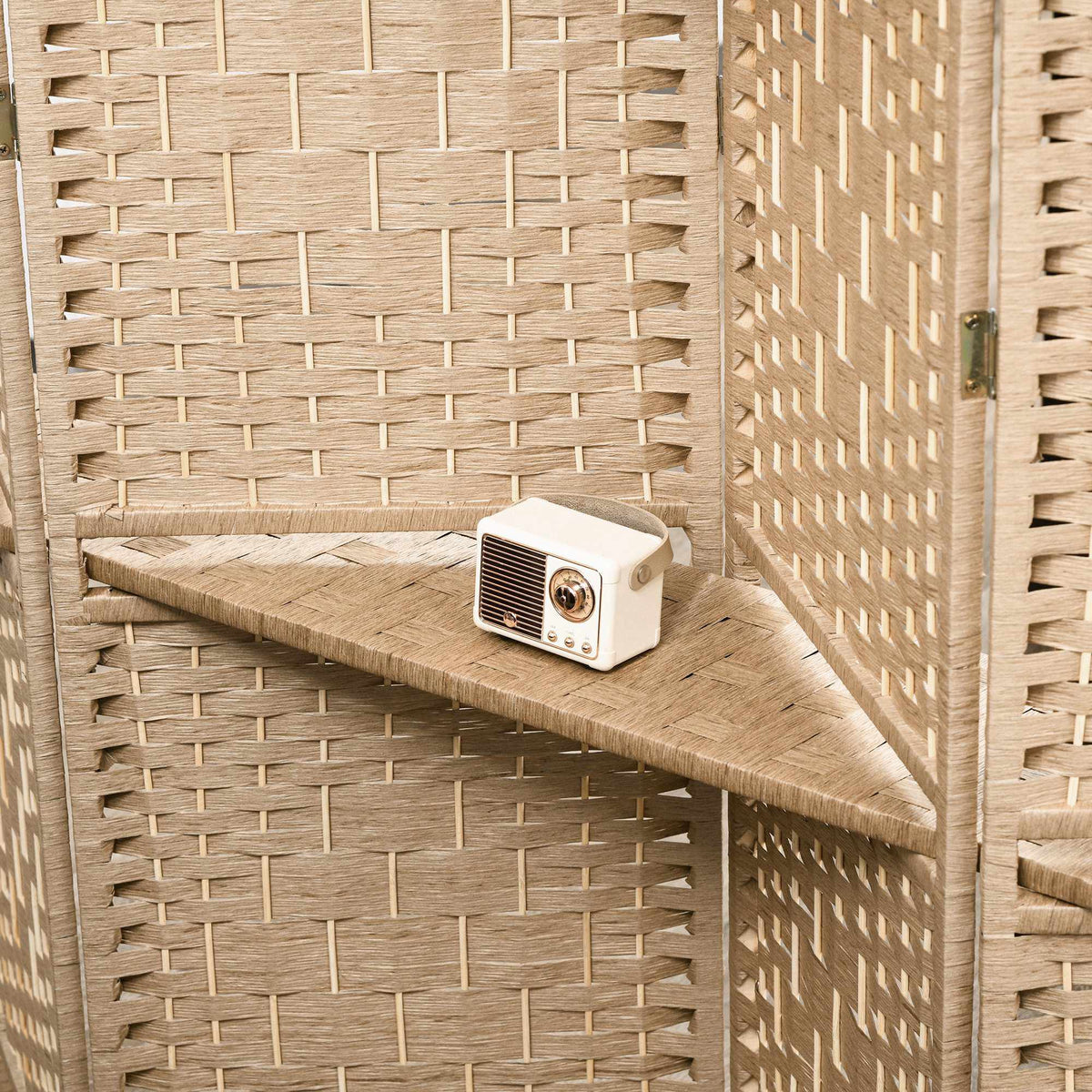 4-Panel Folding Room Divider with Shelves, Natural Wood