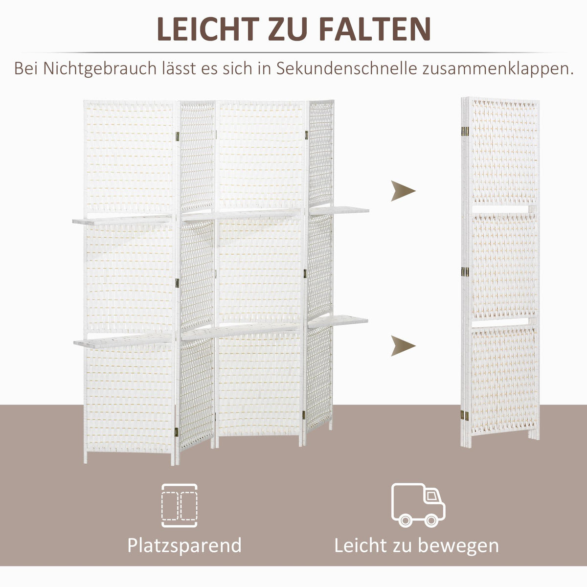 4-Panel Folding Room Divider with Shelves, Pine/Bamboo
