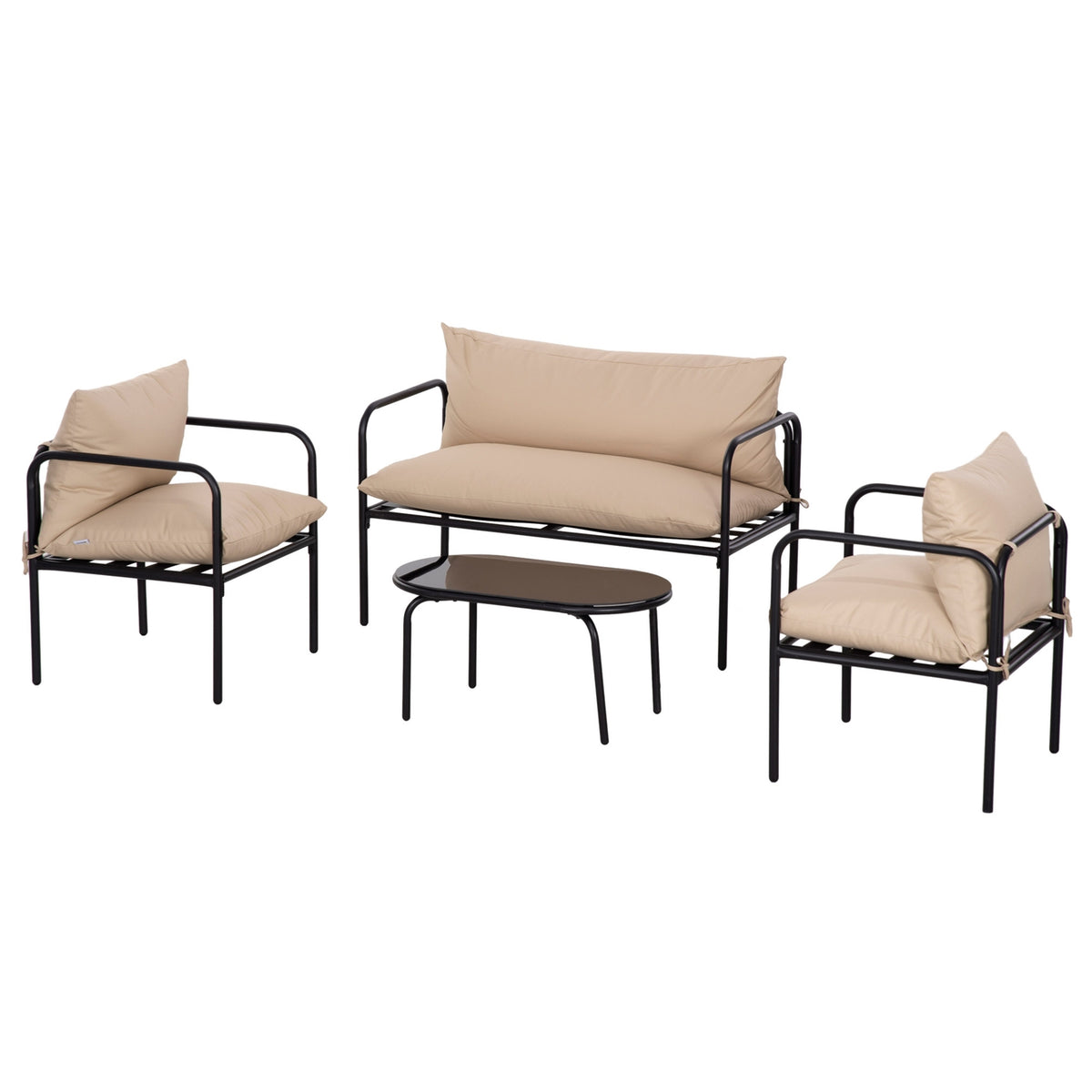 4 Pcs. Garden Furniture Set, Garden Set With 2 Armchairs, 1 Coffee Table Made Of Tempered Glass, 1 Two-Seater, Seating Area With Cushions, Steel, Khaki