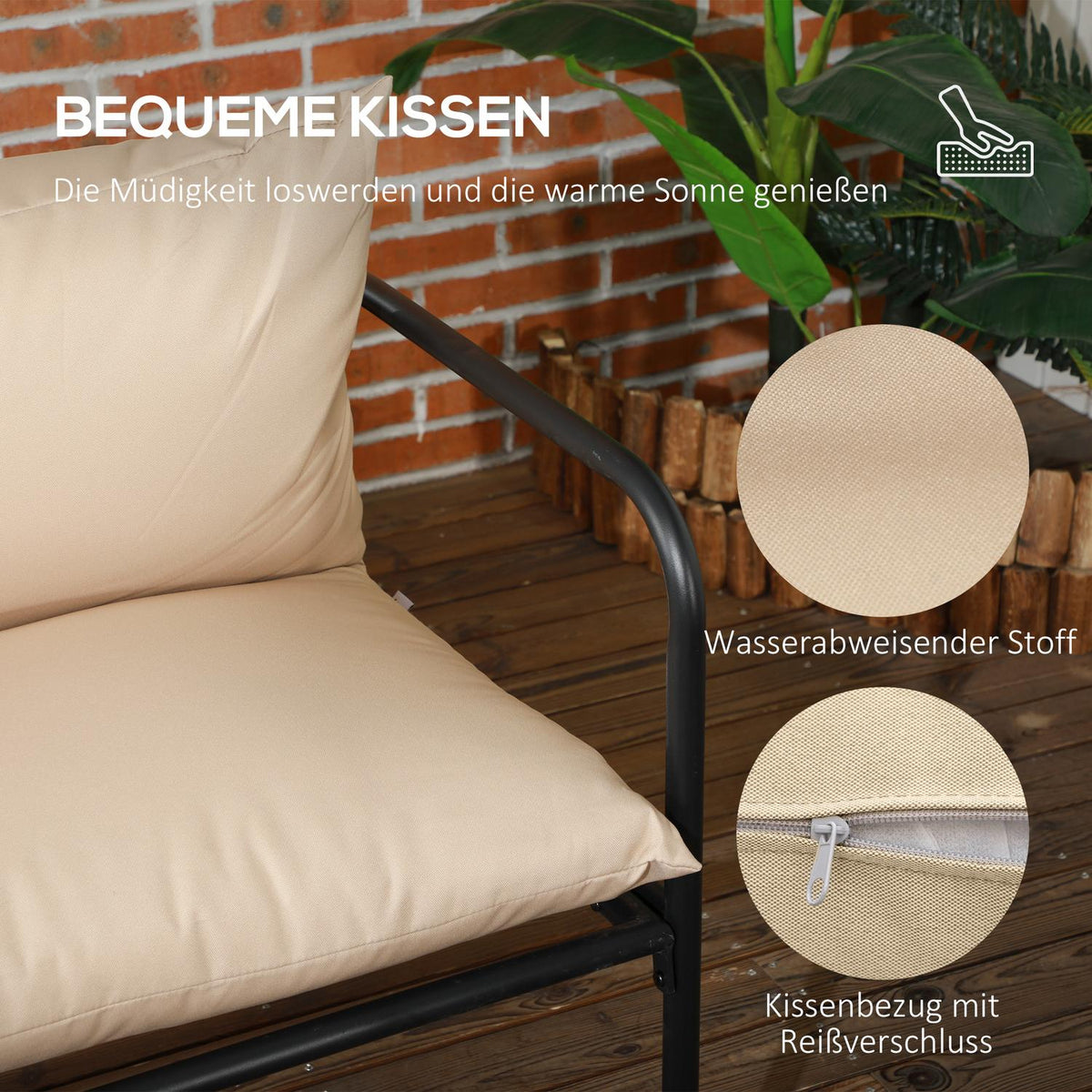 4 Pcs. Garden Furniture Set, Garden Set With 2 Armchairs, 1 Coffee Table Made Of Tempered Glass, 1 Two-Seater, Seating Area With Cushions, Steel, Khaki