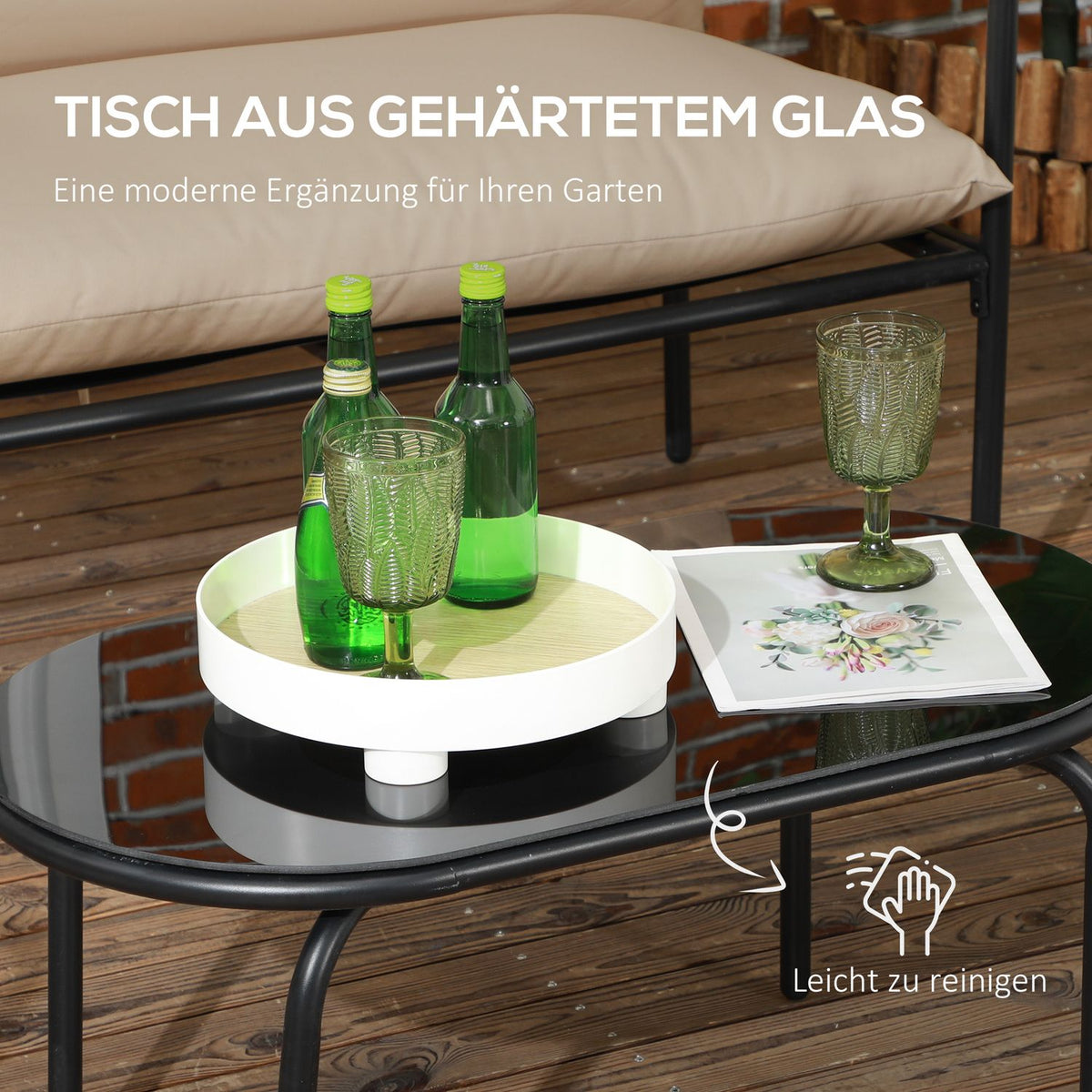 4 Pcs. Garden Furniture Set, Garden Set With 2 Armchairs, 1 Coffee Table Made Of Tempered Glass, 1 Two-Seater, Seating Area With Cushions, Steel, Khaki