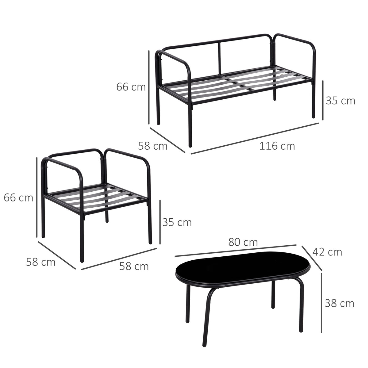4 Pcs. Garden Furniture Set, Garden Set With 2 Armchairs, 1 Coffee Table Made Of Tempered Glass, 1 Two-Seater, Seating Area With Cushions, Steel, Khaki