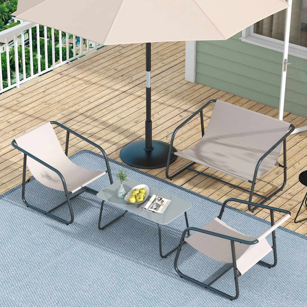 4 Pcs. Garden Furniture Set, Seating Group With 2 Armchairs, 1 Two-Seater, 1 Coffee Table Made Of Tempered Glass, Garden Furniture For Balcony, Terrace, Mesh, Cream