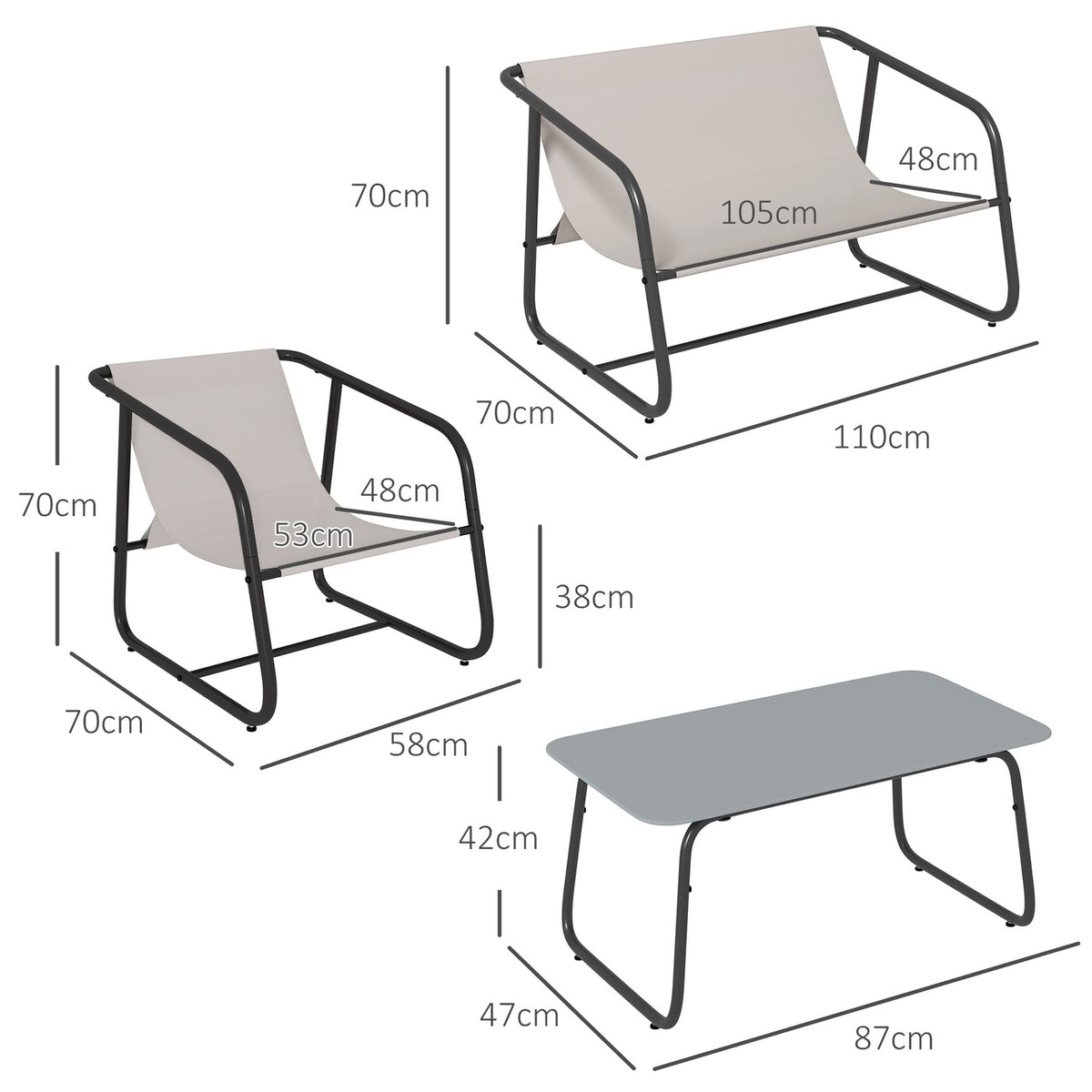 4 Pcs. Garden Furniture Set, Seating Group With 2 Armchairs, 1 Two-Seater, 1 Coffee Table Made Of Tempered Glass, Garden Furniture For Balcony, Terrace, Mesh, Cream