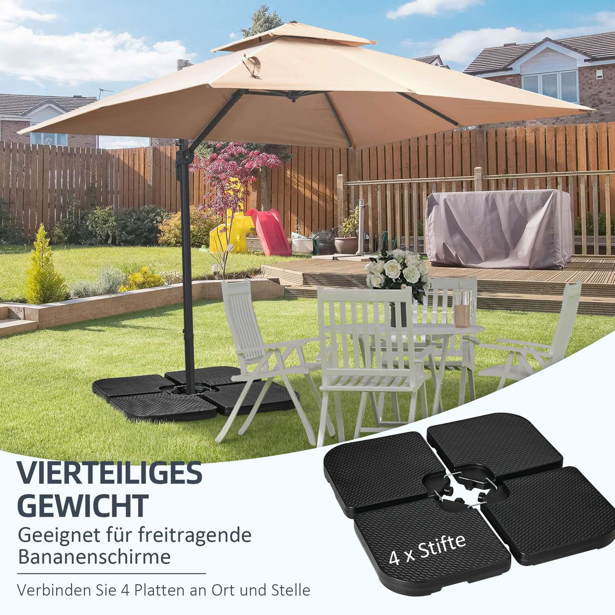 4 Pcs. Parasol Weight, Weatherproof Parasol Weight For Cantilever Parasol With Handle, Can Be Filled With 80 Kg Of Sand Or 60 Kg Of Water, Hdpe, Black