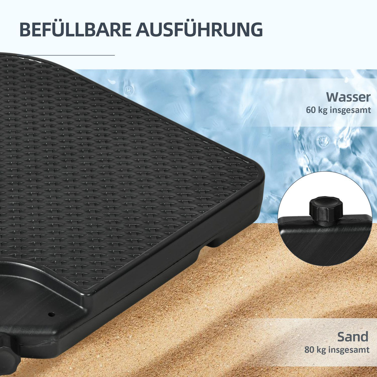4 Pcs. Parasol Weight, Weatherproof Parasol Weight For Cantilever Parasol With Handle, Can Be Filled With 80 Kg Of Sand Or 60 Kg Of Water, Hdpe, Black