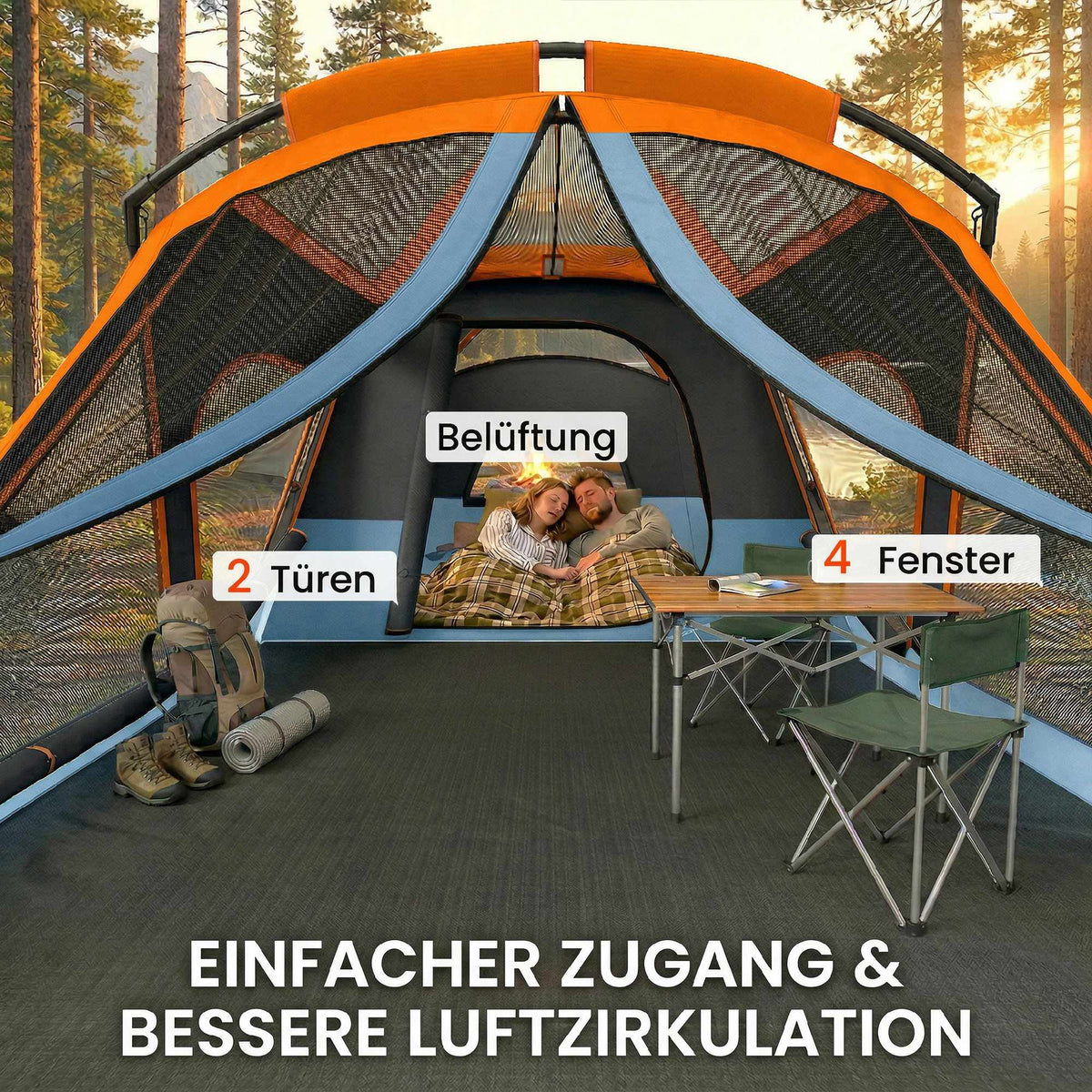 4-Person Family Tunnel Tent with Living Room & Skylights