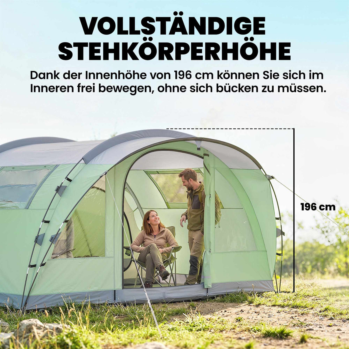 4-Person Tunnel Tent with 2 Rooms, 196cm Height, Waterproof