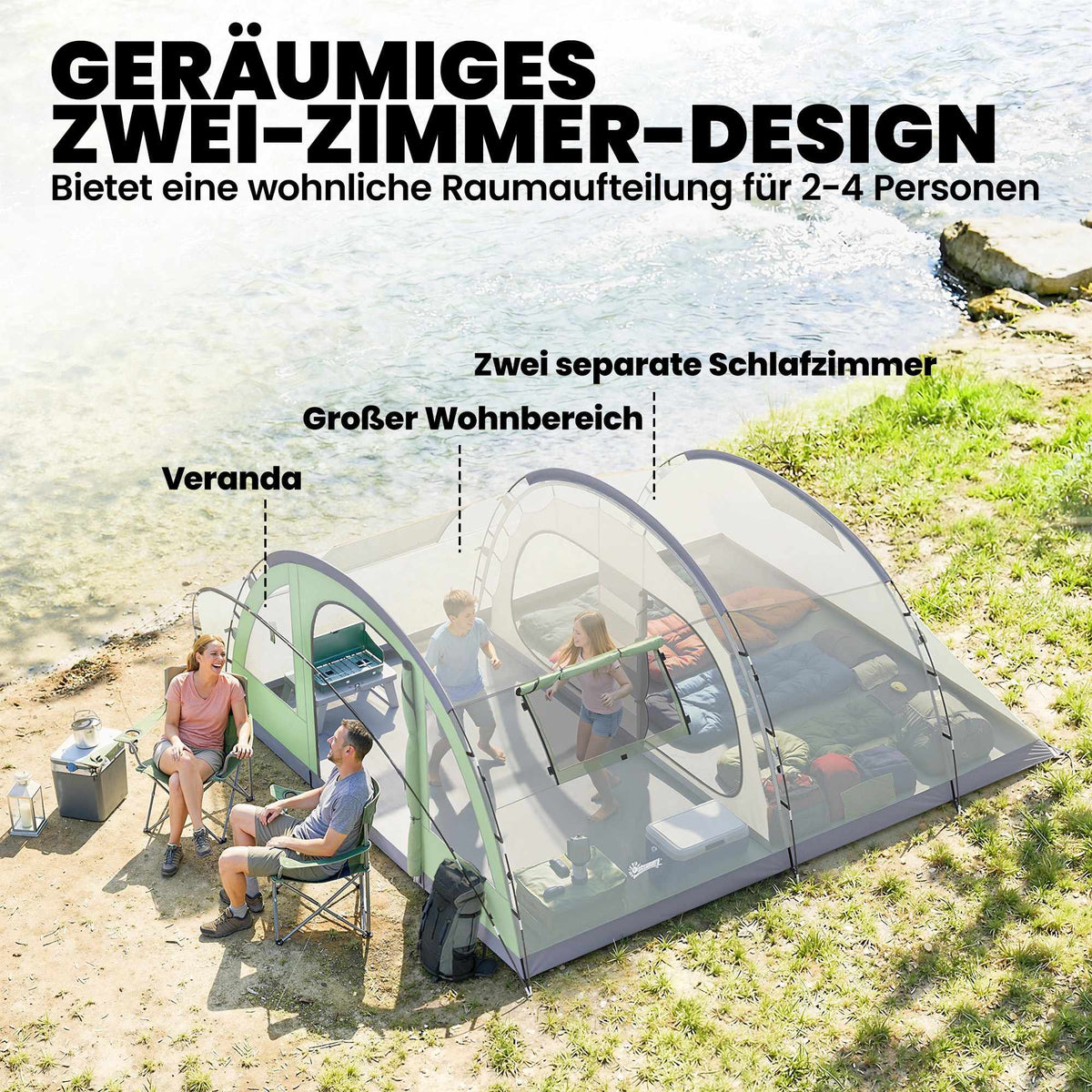 4-Person Tunnel Tent with 2 Rooms, 196cm Height, Waterproof