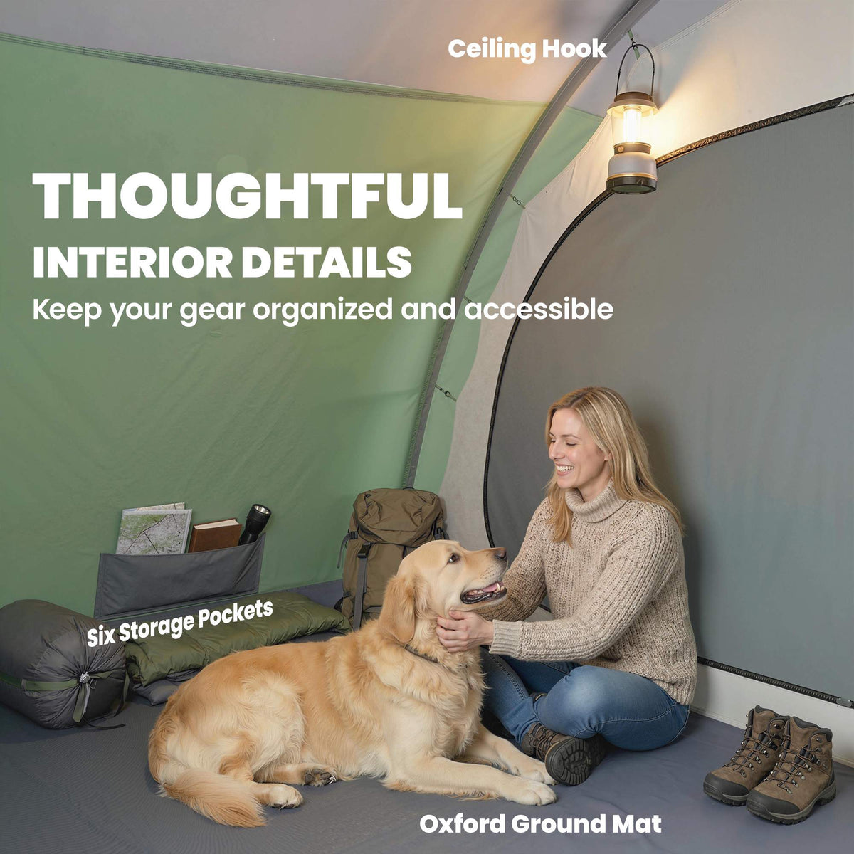4-Person Tunnel Tent with 2 Rooms, 196cm Height, Waterproof
