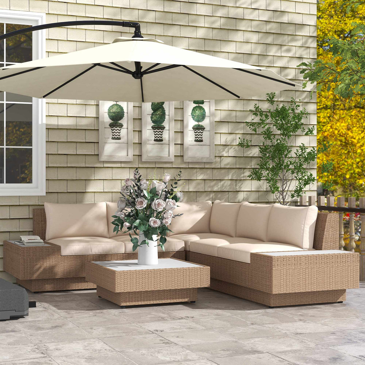 4-Piece Brown Polyrattan Outdoor Furniture Set with Cushions